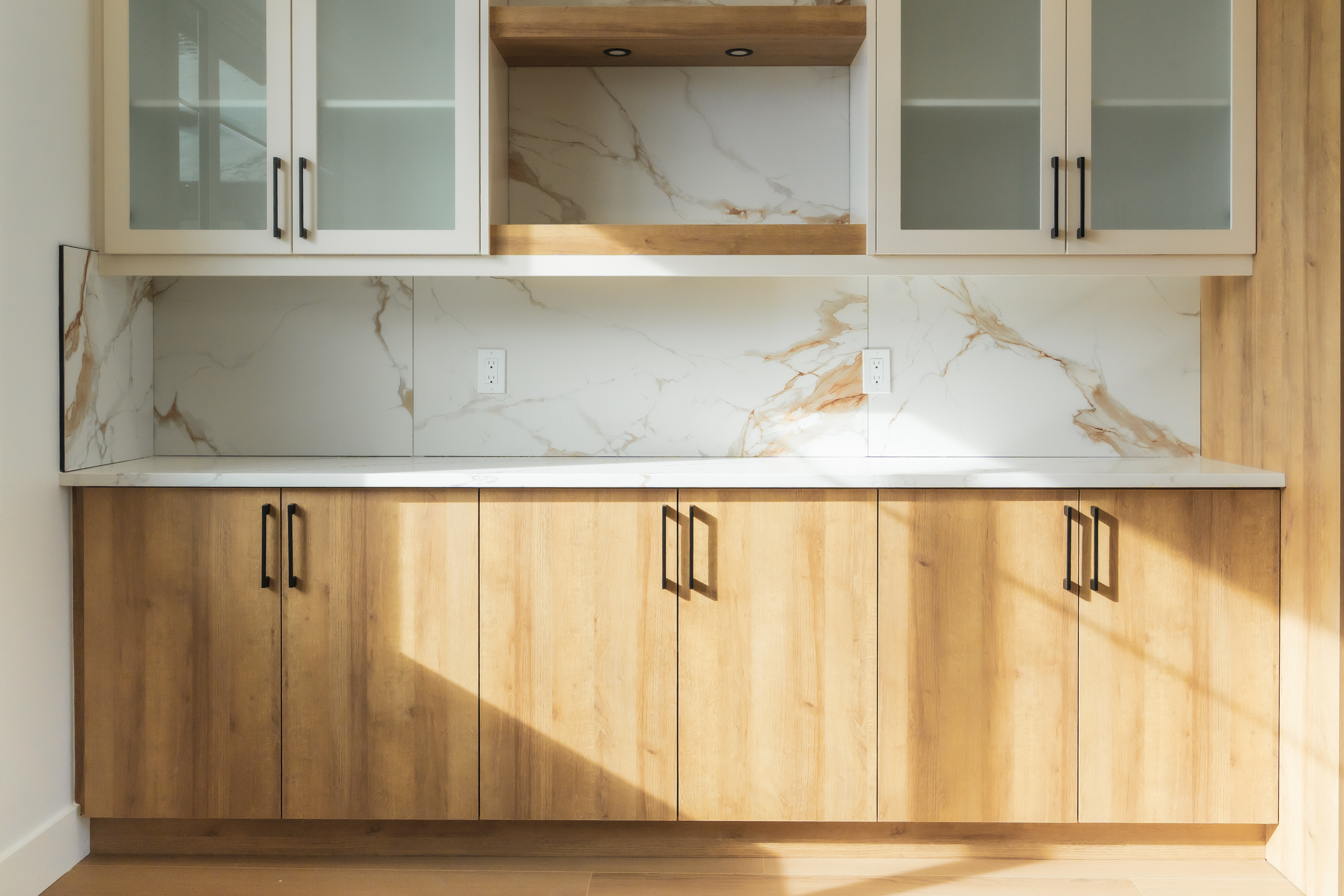 Broad kitchen with hexagon backsplash and counters – ACE Custom Cabinets